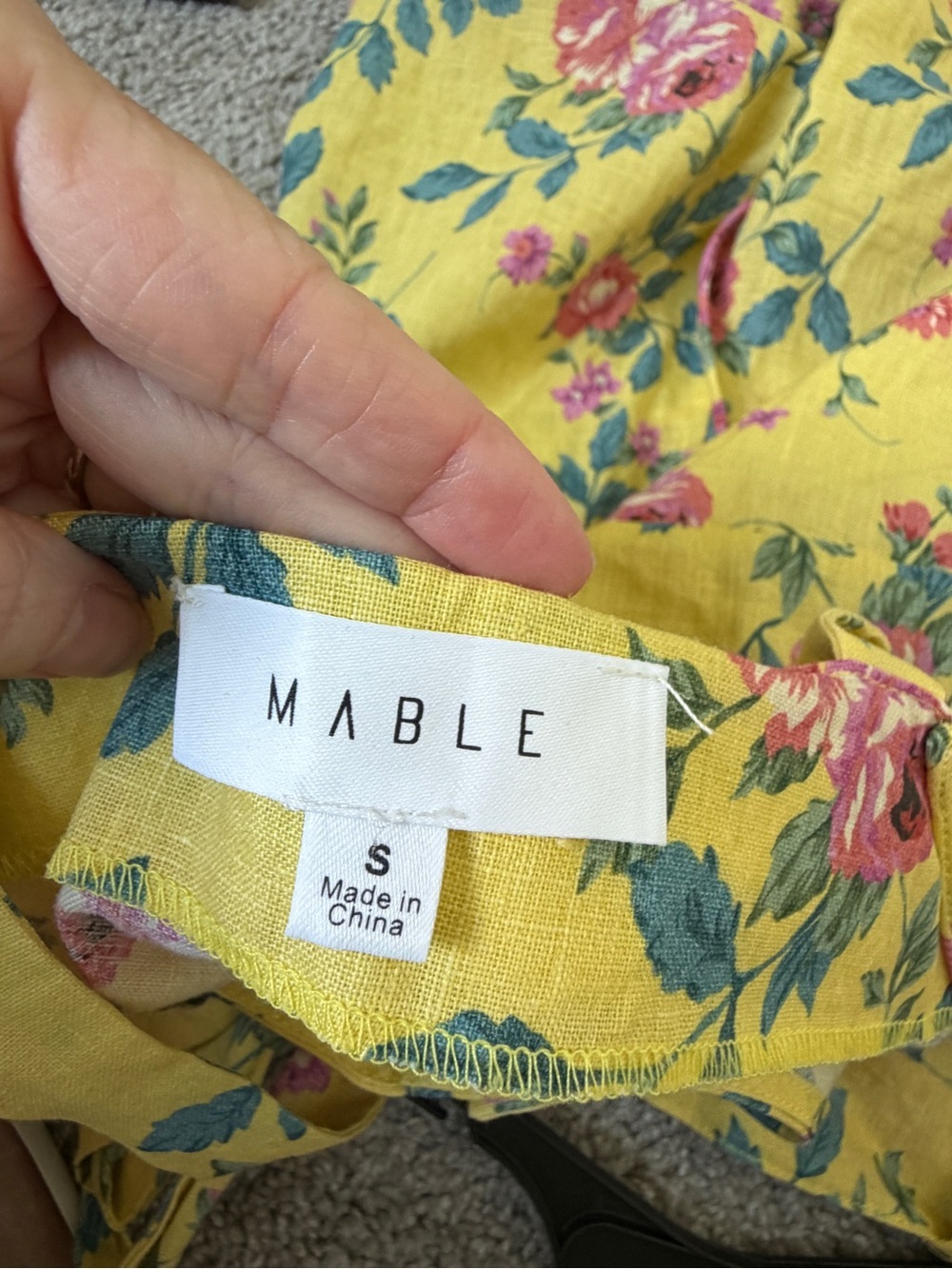 MABLE Yellow Floral Linen Jumpsuit with Pink Roses and Green Leaves - Picture 5 of 6